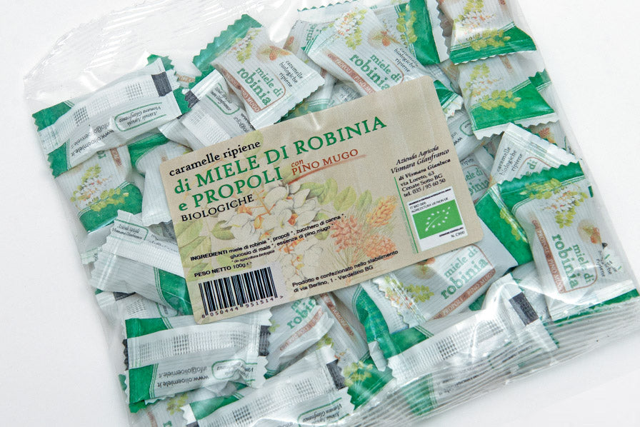 Caramelle al miele di robinia (acacia) biologico, propoli e pino mugo